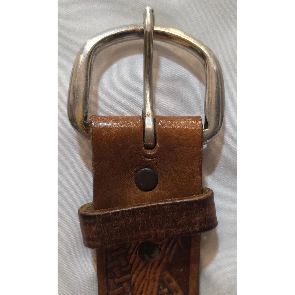 Vintage Mens Brown Grain Leather Tooled Eagle Basketweave Belt Made in USA 34